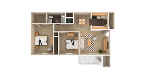 Floor plan for 2 beds, 1 bath, 899 sqft